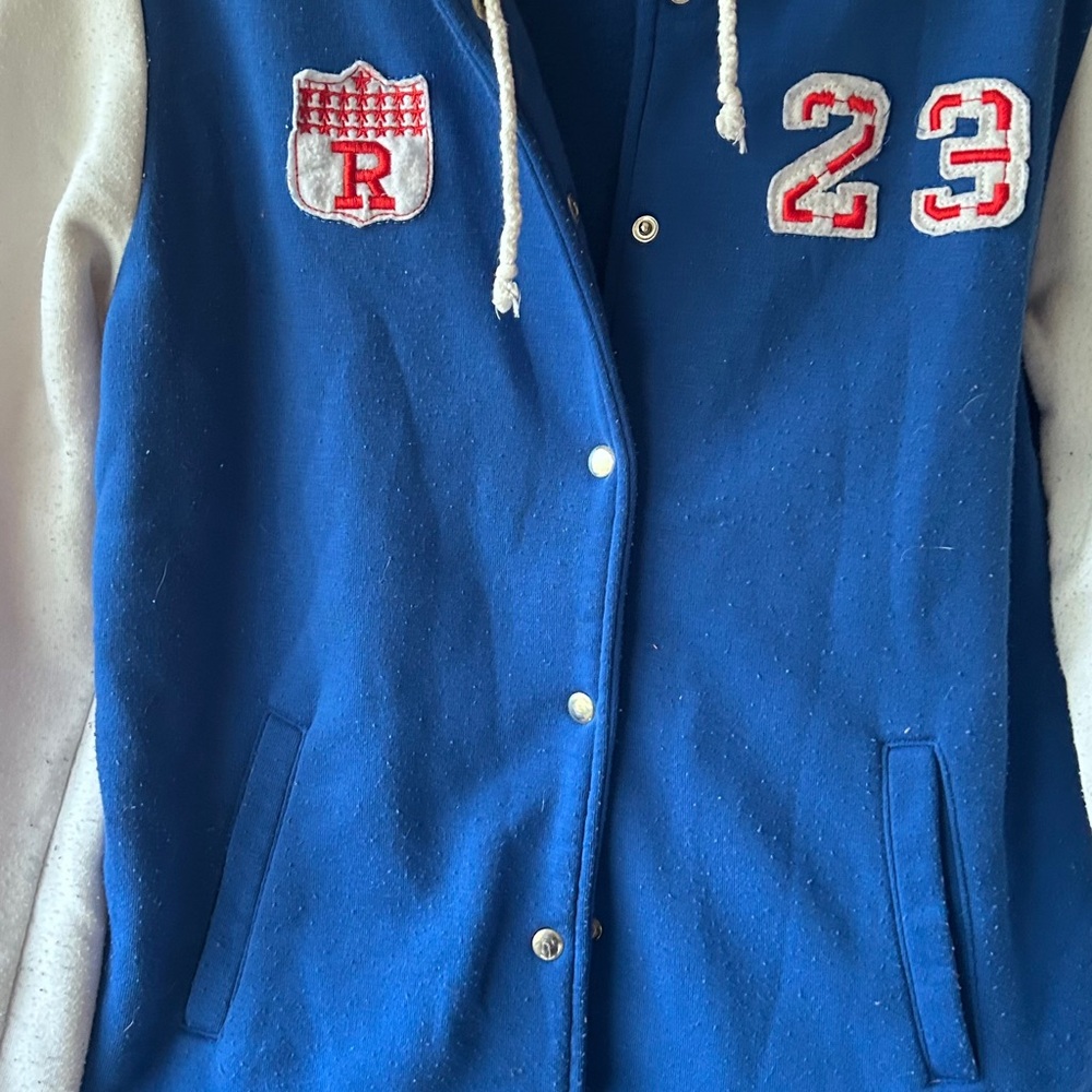 varsity jacket size large blue and white with hoodie